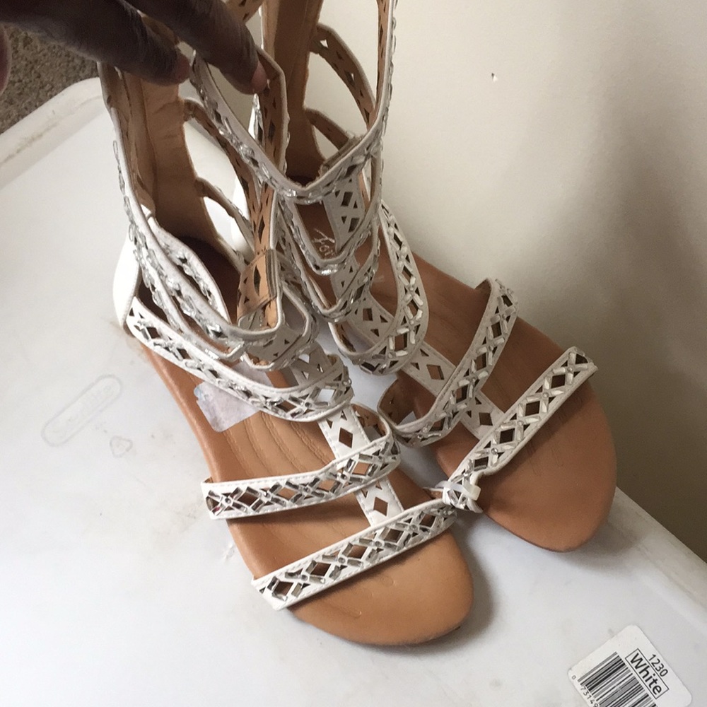 White glitter mid calf sandals